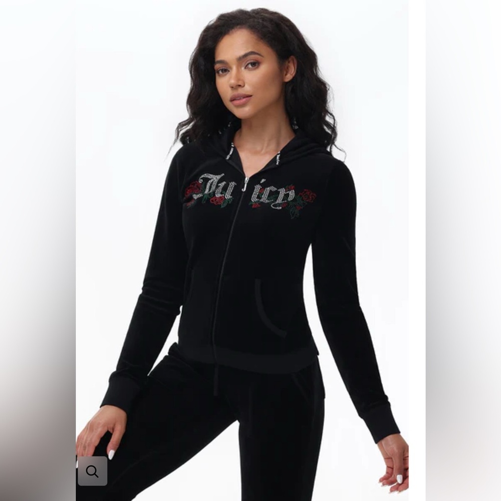 NWOT JUICY ROSES BLING COTTON VELOUR HOODIE in licorice size L - Picture 2 of 7